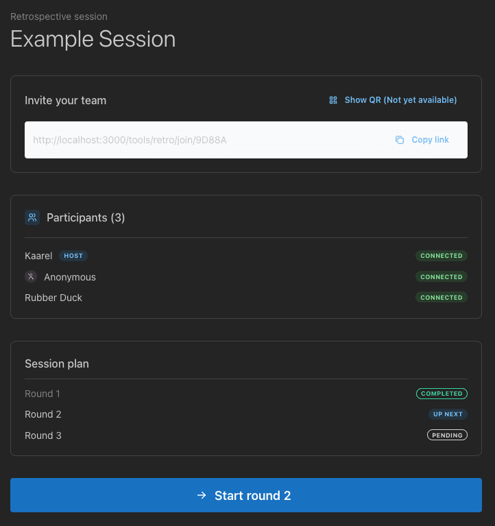 Lobby View inbetween rounds showing round and participant statuses