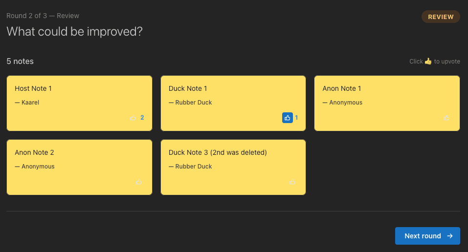 Review round notes, vote yourself and see voting results.